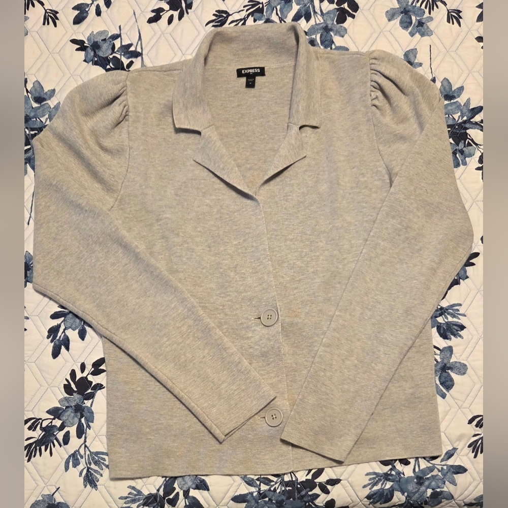 Express Gray Knit Puff Sleeve Blazer Jacket Soft Stretch Career Office Size Med